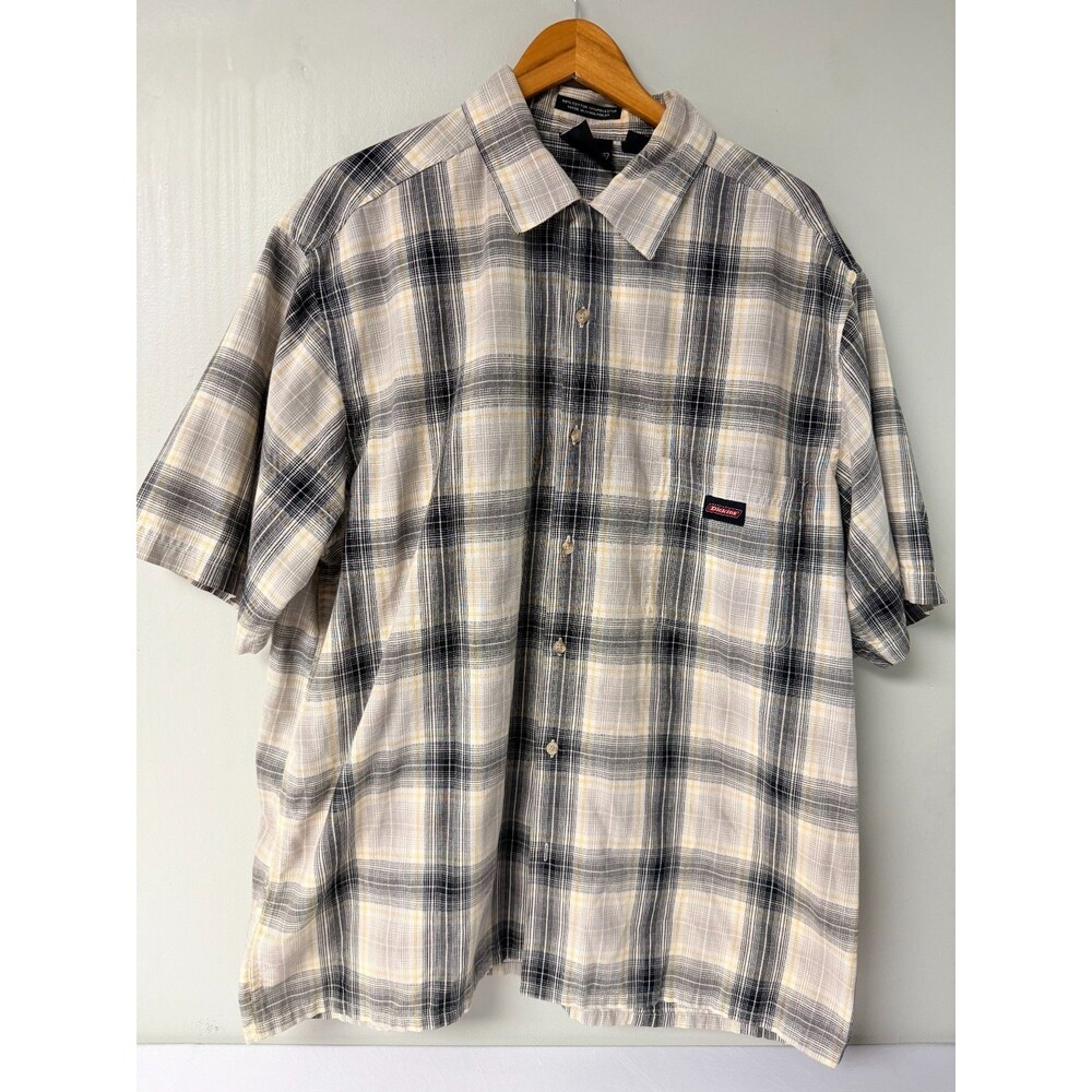 Dickies Men's XL Gray Black Yellow Plaid Short Sleeve Button Up Work Shirt